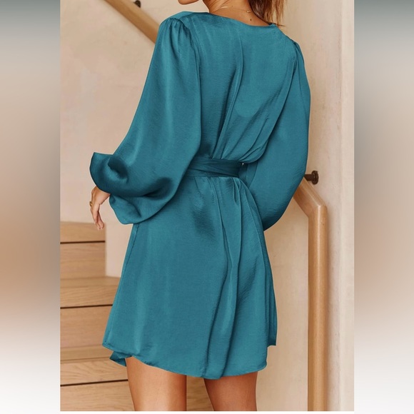 Long Puff Sleeve Satin Belted Cocktail Mini Dresses - Picture 2 of 5